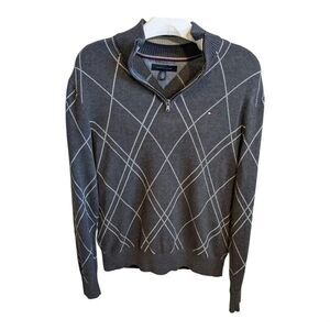 Tommy Hilfiger Men 1/2 Half Zip Mock Turtle Neck Argyle Solid Sweater XLT Gray